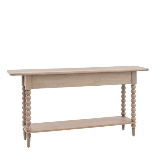 Rustic Country Cottage Light Oak Wood 2 Drawer 2 Tier Large Console Table With Hand Carved Bobbin Detail Legs 165cm