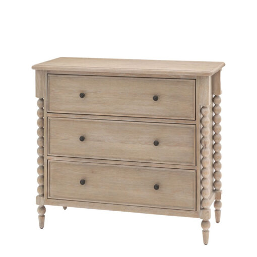 Rustic Country Cottage Light Oak Wood 3 Drawer Chest Of Drawers With Hand Carved Bobbin Detail Legs