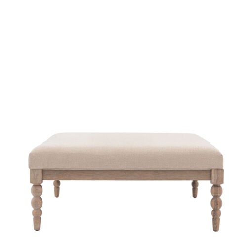 Rustic Country Cottage Light Oak Wood Fabric Upholstered Ottoman Coffee Table With Hand Carved Bobbin Detail Legs 100cm