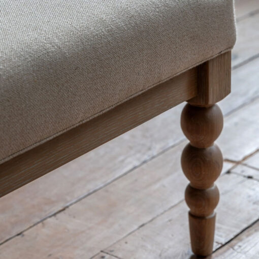 Rustic Country Cottage Light Oak Wood Fabric Upholstered Ottoman Coffee Table With Hand Carved Bobbin Detail Legs 100cm