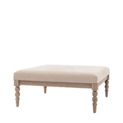 Rustic Country Cottage Light Oak Wood Fabric Upholstered Ottoman Coffee Table With Hand Carved Bobbin Detail Legs 100cm