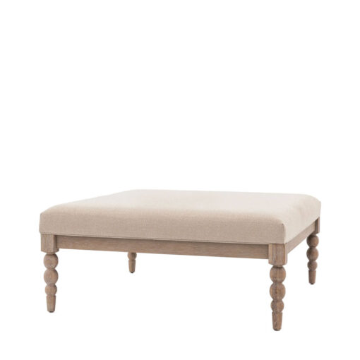 Rustic Country Cottage Light Oak Wood Fabric Upholstered Ottoman Coffee Table With Hand Carved Bobbin Detail Legs 100cm