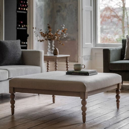 Rustic Country Cottage Light Oak Wood Fabric Upholstered Ottoman Coffee Table With Hand Carved Bobbin Detail Legs 100cm
