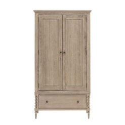 Rustic Country Cottage Light Oak Wood Large 2 Door 1 Drawer Wardrobe With Hand Carved Bobbin Detail Legs 195cm