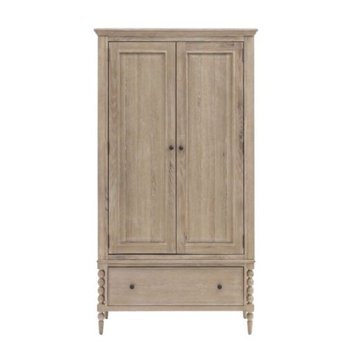 Rustic Country Cottage Light Oak Wood Large 2 Door 1 Drawer Wardrobe With Hand Carved Bobbin Detail Legs 195cm