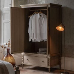 Rustic Country Cottage Light Oak Wood Large 2 Door 1 Drawer Wardrobe With Hand Carved Bobbin Detail Legs 195cm
