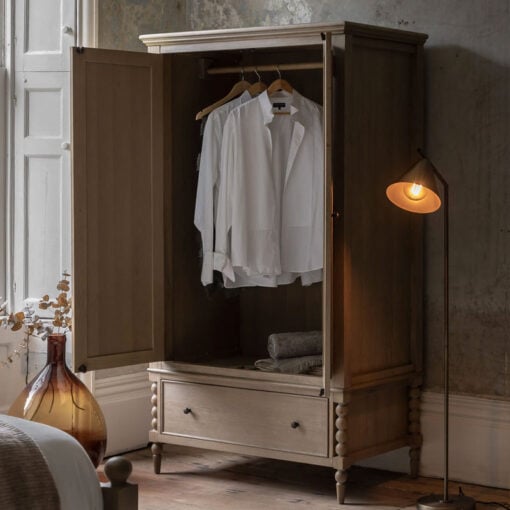 Rustic Country Cottage Light Oak Wood Large 2 Door 1 Drawer Wardrobe With Hand Carved Bobbin Detail Legs 195cm