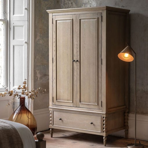 Rustic Country Cottage Light Oak Wood Large 2 Door 1 Drawer Wardrobe With Hand Carved Bobbin Detail Legs 195cm