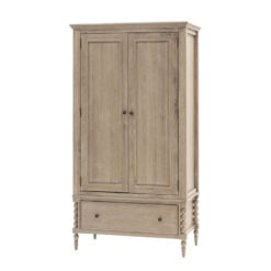 Rustic Country Cottage Light Oak Wood Large 2 Door 1 Drawer Wardrobe With Hand Carved Bobbin Detail Legs 195cm