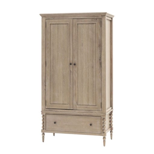 Rustic Country Cottage Light Oak Wood Large 2 Door 1 Drawer Wardrobe With Hand Carved Bobbin Detail Legs 195cm