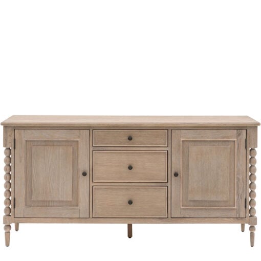 Rustic Country Cottage Light Oak Wood Large 2 Door 3 Drawer Sideboard With Hand Carved Bobbin Detail Legs 165cm