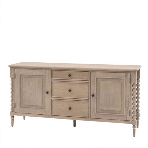 Rustic Country Cottage Light Oak Wood Large 2 Door 3 Drawer Sideboard With Hand Carved Bobbin Detail Legs 165cm