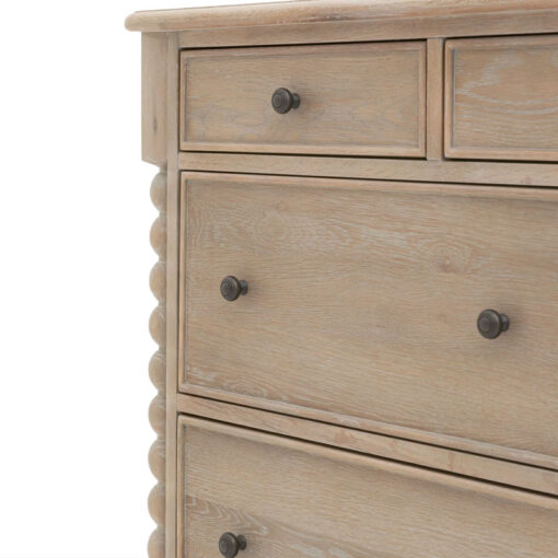 Rustic Country Cottage Light Oak Wood Large 7 Drawer Chest Of Drawers With Hand Carved Bobbin Detail Legs 140cm