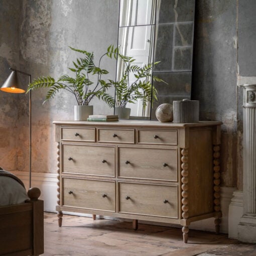 Rustic Country Cottage Light Oak Wood Large 7 Drawer Chest Of Drawers With Hand Carved Bobbin Detail Legs 140cm