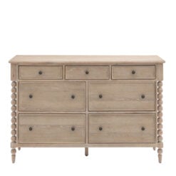 Rustic Country Cottage Light Oak Wood Large 7 Drawer Chest Of Drawers With Hand Carved Bobbin Detail Legs 140cm