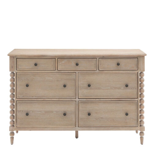Rustic Country Cottage Light Oak Wood Large 7 Drawer Chest Of Drawers With Hand Carved Bobbin Detail Legs 140cm