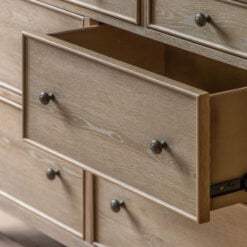 Rustic Country Cottage Light Oak Wood Large 7 Drawer Chest Of Drawers With Hand Carved Bobbin Detail Legs 140cm
