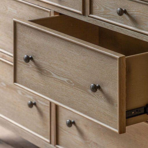 Rustic Country Cottage Light Oak Wood Large 7 Drawer Chest Of Drawers With Hand Carved Bobbin Detail Legs 140cm