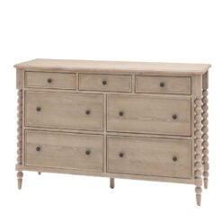 Rustic Country Cottage Light Oak Wood Large 7 Drawer Chest Of Drawers With Hand Carved Bobbin Detail Legs 140cm