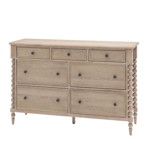 Rustic Country Cottage Light Oak Wood Large 7 Drawer Chest Of Drawers With Hand Carved Bobbin Detail Legs 140cm
