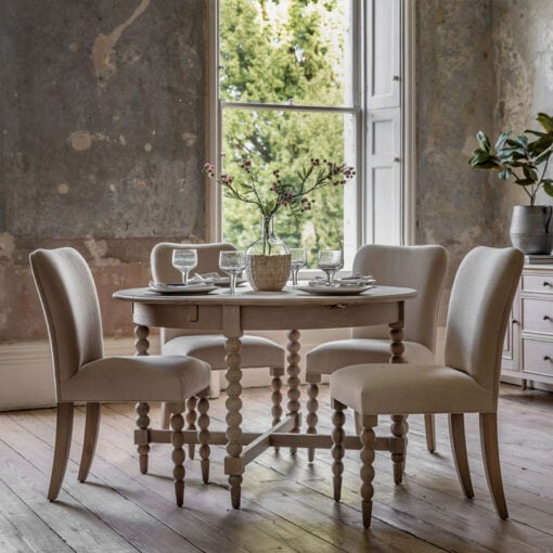 Rustic Country Cottage Light Oak Wood Round Extending 6 Seater Dining Table With Hand Carved Bobbin Detail Legs 120-160cm