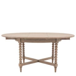 Rustic Country Cottage Light Oak Wood Round Extending 6 Seater Dining Table With Hand Carved Bobbin Detail Legs 120-160cm