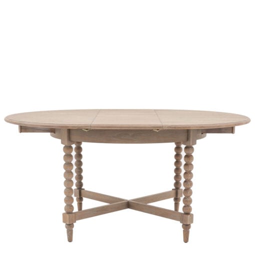 Rustic Country Cottage Light Oak Wood Round Extending 6 Seater Dining Table With Hand Carved Bobbin Detail Legs 120-160cm