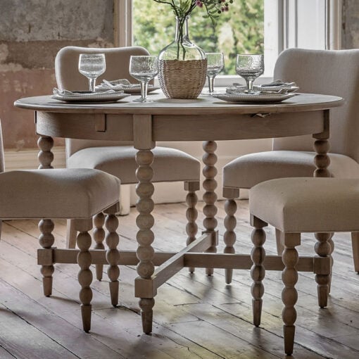 Rustic Country Cottage Light Oak Wood Round Extending 6 Seater Dining Table With Hand Carved Bobbin Detail Legs 120-160cm