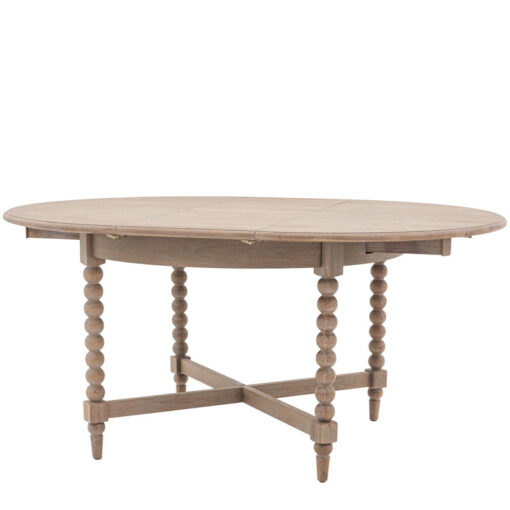 Rustic Country Cottage Light Oak Wood Round Extending 6 Seater Dining Table With Hand Carved Bobbin Detail Legs 120-160cm