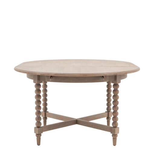 Rustic Country Cottage Light Oak Wood Round Extending 6 Seater Dining Table With Hand Carved Bobbin Detail Legs 120-160cm