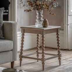 Rustic Country Cottage Light Oak Wood Square Side Table With Hand Carved Bobbin Detail Legs