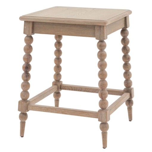 Rustic Country Cottage Light Oak Wood Square Side Table With Hand Carved Bobbin Detail Legs