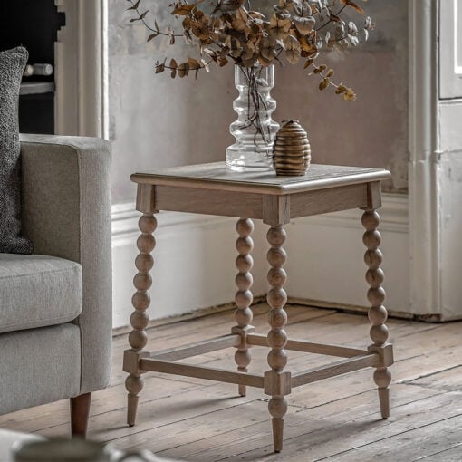 Rustic Country Cottage Light Oak Wood Square Side Table With Hand Carved Bobbin Detail Legs