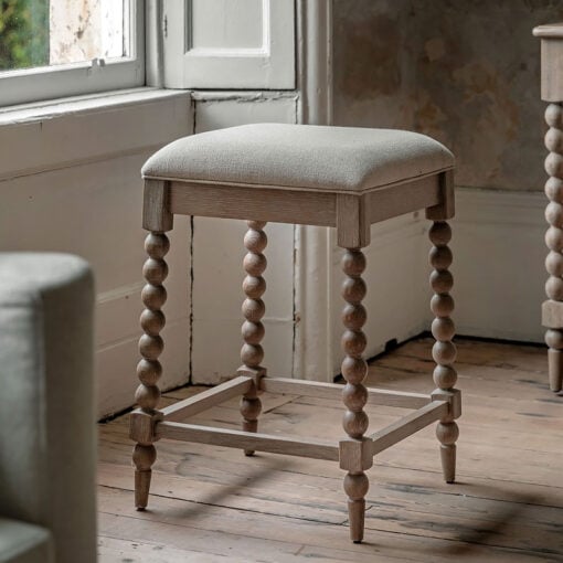 Rustic Country Cottage Light Oak Wood Upholstered Bar Kitchen Stool Drawers With Hand Carved Bobbin Detail Legs 68cm