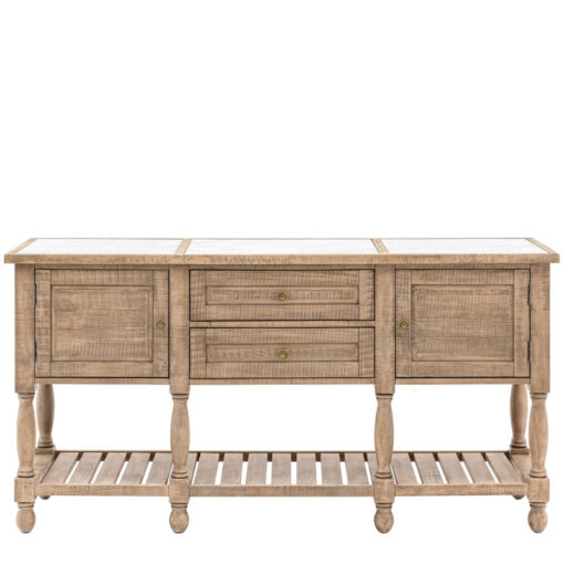Rustic Country Farmhouse 2 Tier 2 Door 2 Drawer Solid Light Wood Large Sideboard With White Marble Top 180cm