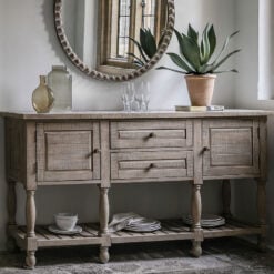 Rustic Country Farmhouse 2 Tier 2 Door 2 Drawer Solid Light Wood Large Sideboard With White Marble Top 180cm
