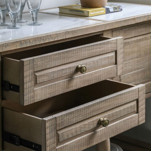 Rustic Country Farmhouse 2 Tier 2 Door 2 Drawer Solid Light Wood Large Sideboard With White Marble Top 180cm