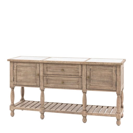 Rustic Country Farmhouse 2 Tier 2 Door 2 Drawer Solid Light Wood Large Sideboard With White Marble Top 180cm