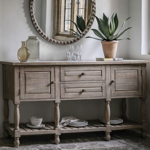 Rustic Country Farmhouse 2 Tier 2 Door 2 Drawer Solid Light Wood Large Sideboard With White Marble Top 180cm