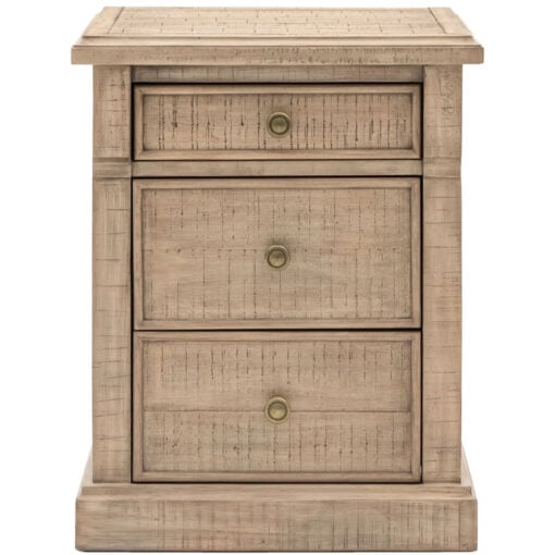 Rustic Country Farmhouse 3 Drawer Solid Light Wood Bedside Cabinet