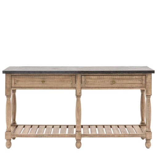 Rustic Country Farmhouse Large 2 Tier 2 Drawer Solid Light Wood Console Table With Black Marble Top 165cm