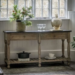 Rustic Country Farmhouse Large 2 Tier 2 Drawer Solid Light Wood Console Table With Black Marble Top 165cm