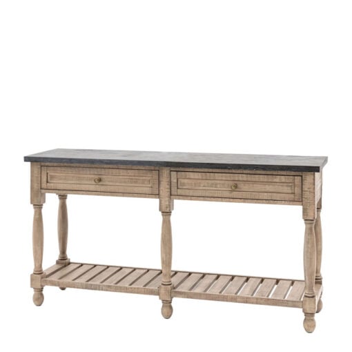 Rustic Country Farmhouse Large 2 Tier 2 Drawer Solid Light Wood Console Table With Black Marble Top 165cm