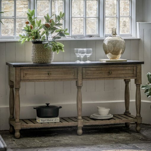 Rustic Country Farmhouse Large 2 Tier 2 Drawer Solid Light Wood Console Table With Black Marble Top 165cm