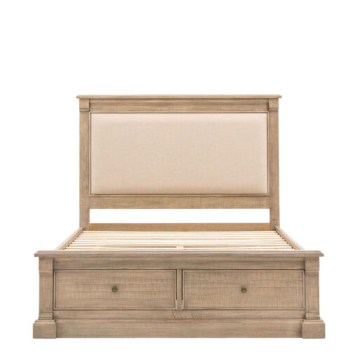 Rustic Country Farmhouse Solid Light Wood Kingsize Bed Frame With 2 Storage Drawers And Upholstered Headboard 167cm