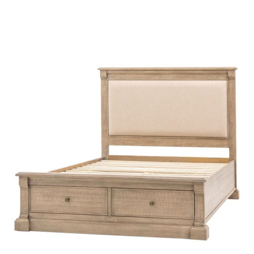 Rustic Country Farmhouse Solid Light Wood Kingsize Bed Frame With 2 Storage Drawers And Upholstered Headboard 167cm