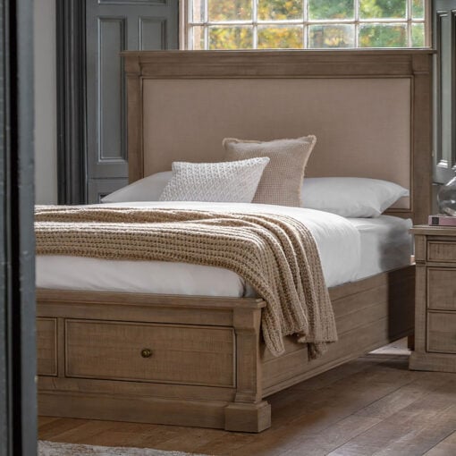 Rustic Country Farmhouse Solid Light Wood Kingsize Bed Frame With 2 Storage Drawers And Upholstered Headboard 167cm