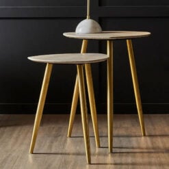 Set Of 2 Gold Metal And Grey Shagreen Faux Leather Side Tables End Tables