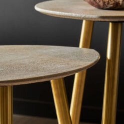 Set Of 2 Gold Metal And Grey Shagreen Faux Leather Side Tables End Tables