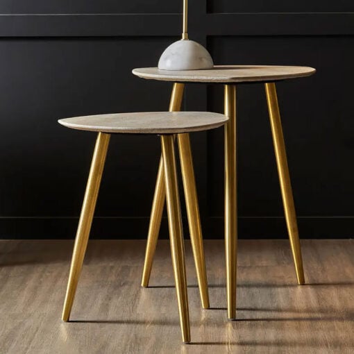 Set Of 2 Gold Metal And Grey Shagreen Faux Leather Side Tables End Tables